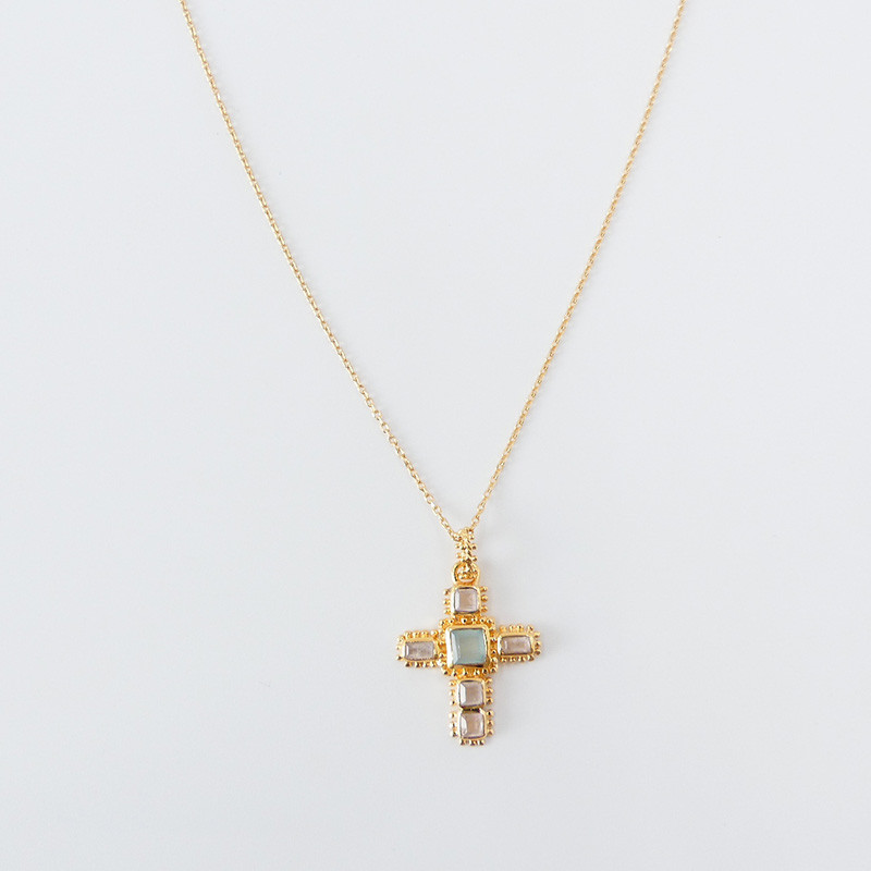 Collier Plaqué Or Croix Aqua et Quartz Rose