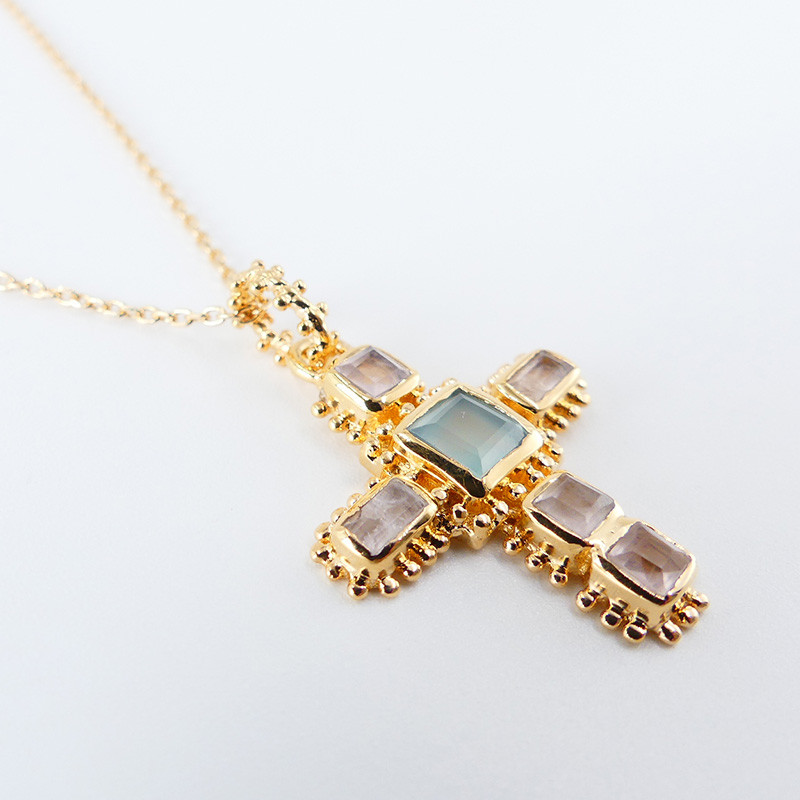 Collier Plaqué Or Croix Aqua et Quartz Rose
