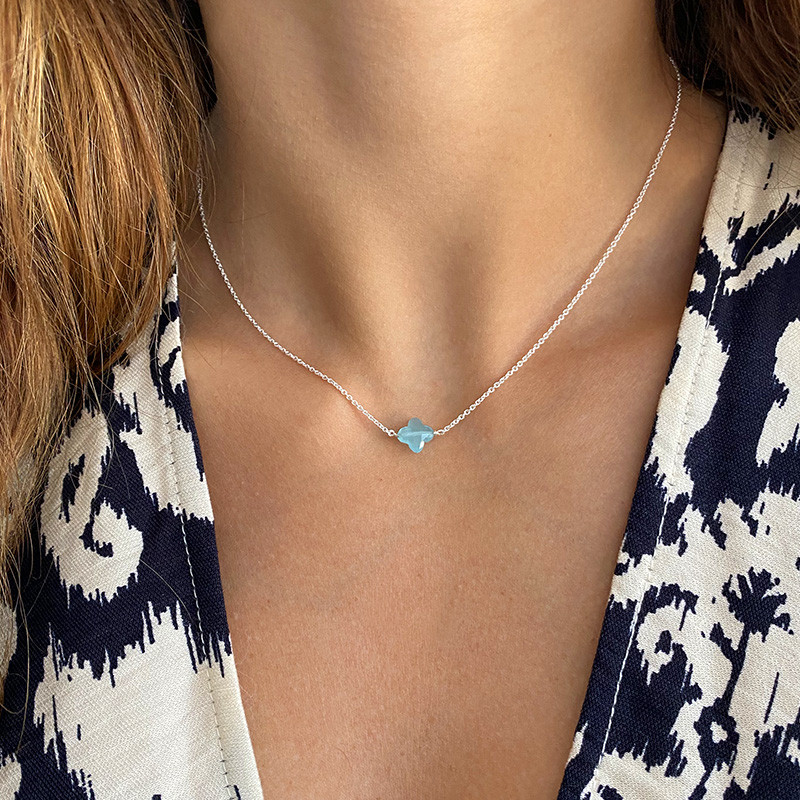 Collier Argent Trèfle Aqua Calcédoine
