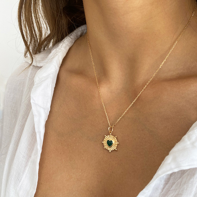 Collier Plaqué Or Coeur Soleil Onyx Vert