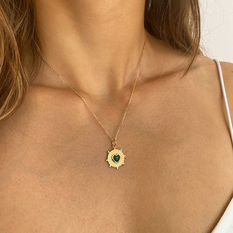 Collier Plaqué Or Coeur Soleil Onyx Vert