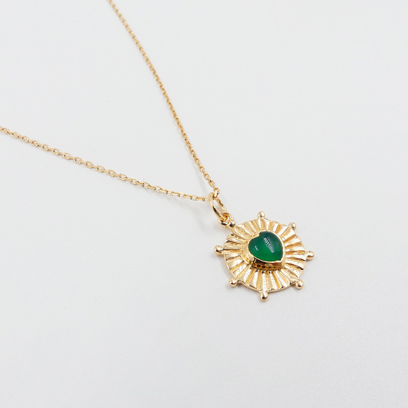 Collier Plaqué Or Coeur Soleil Onyx Vert