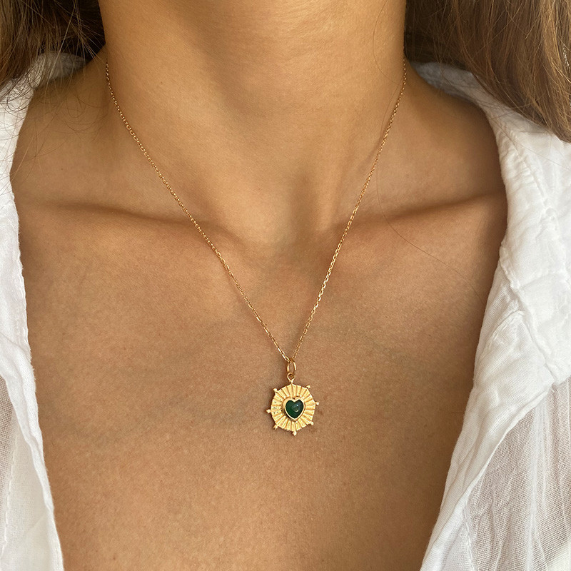 Collier Plaqué Or Coeur Soleil Onyx Vert
