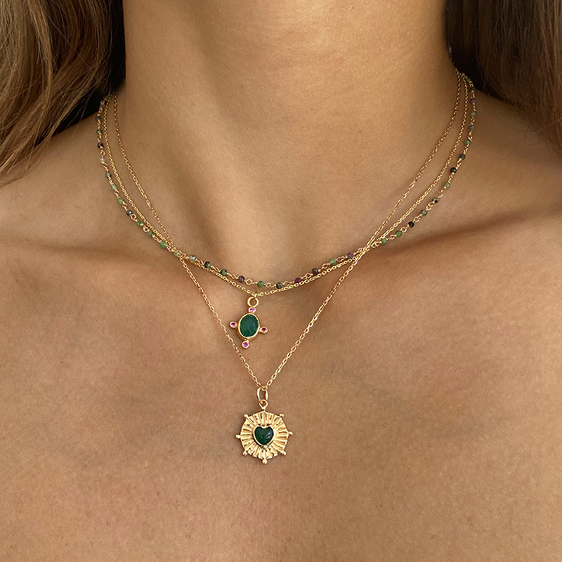 Collier Plaqué Or Coeur Soleil Onyx Vert