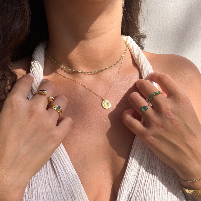 Bague Dorée martelée Onyx Vert