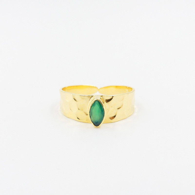Bague Dorée martelée Onyx Vert