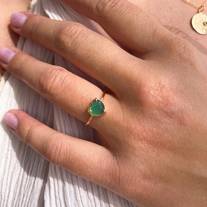 Bague Dorée Petit Coeur Onyx Vert