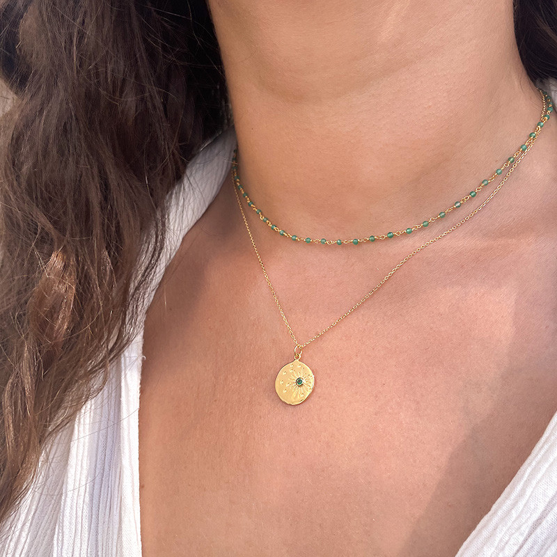 Collier Plaqué Or pendentif constellation strass vert