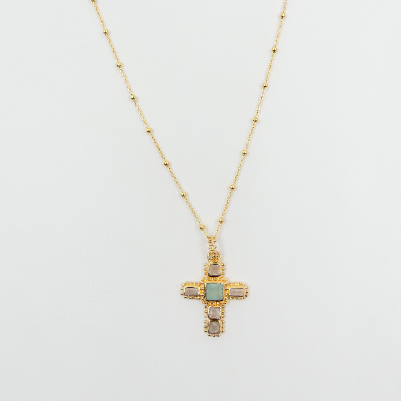 Collier Plaqué Or Croix Aqua et Quartz Rose