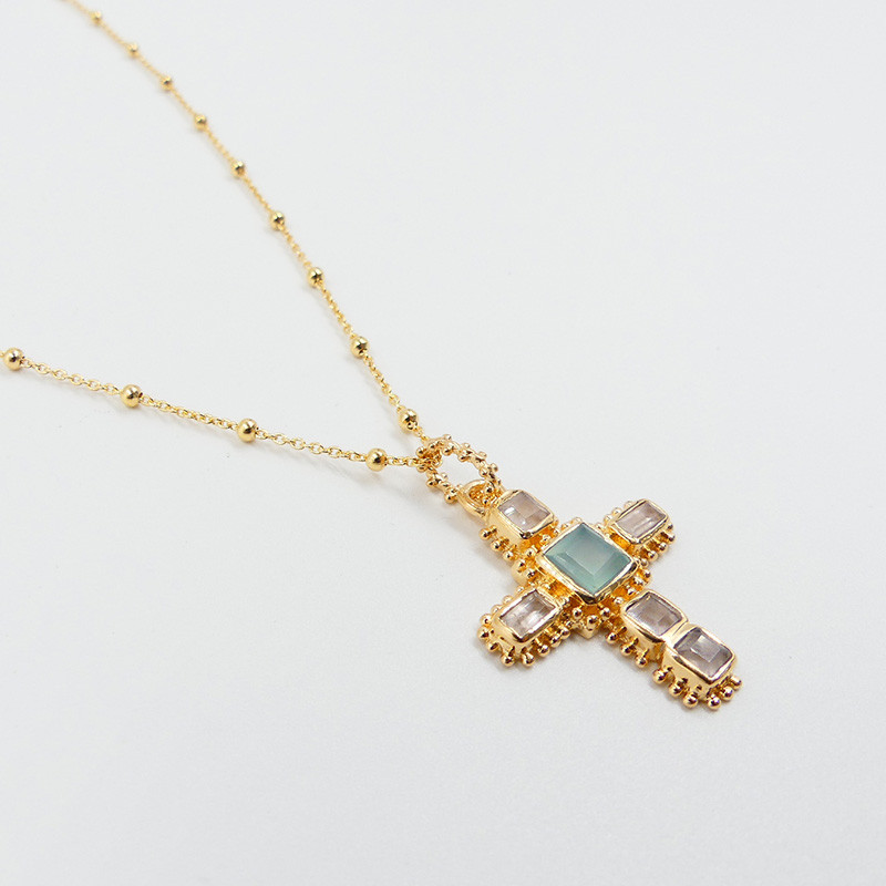 Collier Plaqué Or Croix Aqua et Quartz Rose