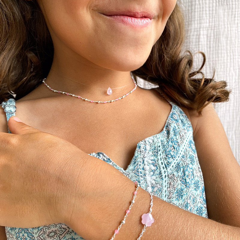 Collier Enfant Nylon Goutte Quartz Rose