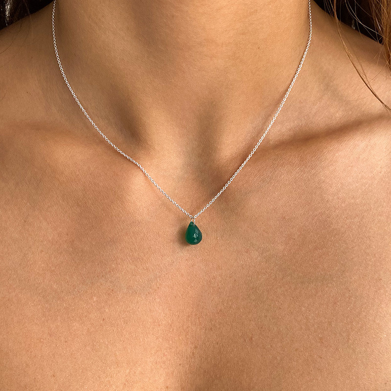Collier Argent Goutte Onyx Vert
