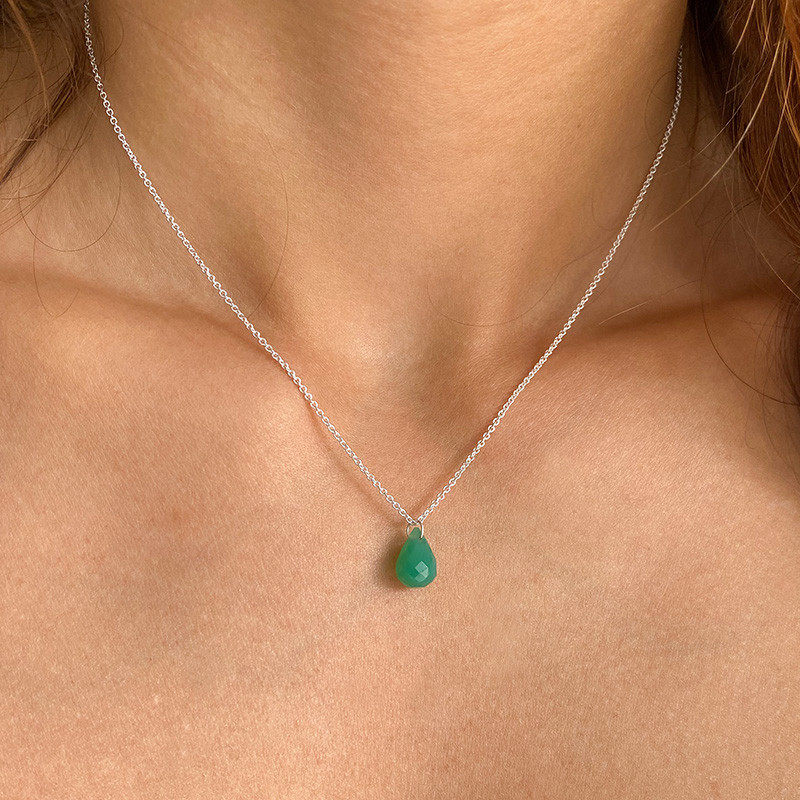 Collier Argent Goutte Jade teintée