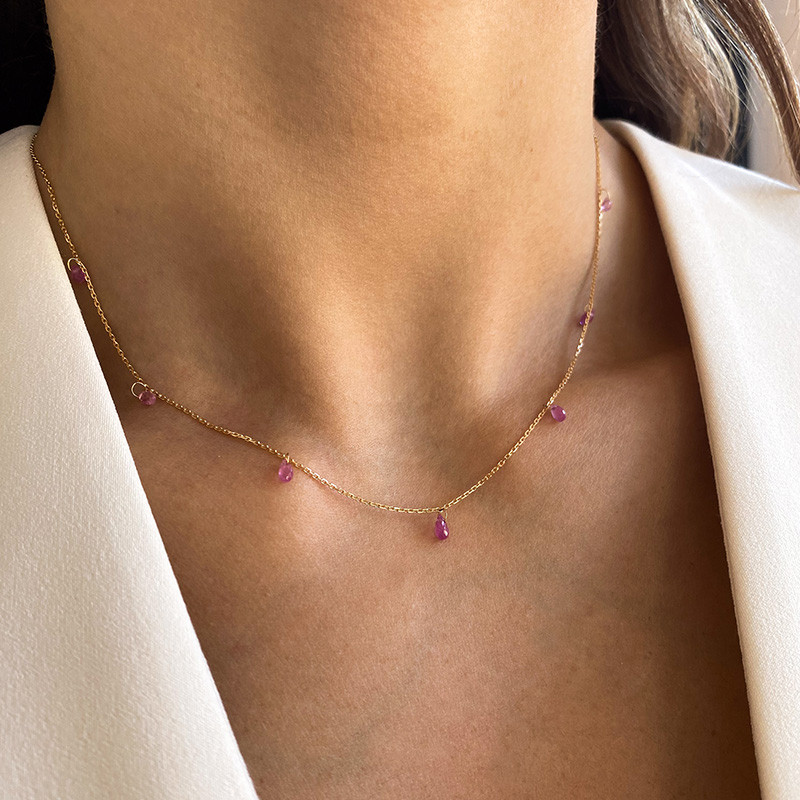 Collier or 18 carats gouttes saphir rose