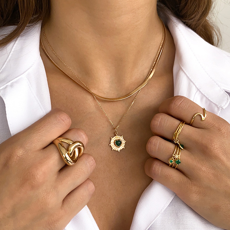 Collier Plaqué Or Coeur Soleil Onyx Vert