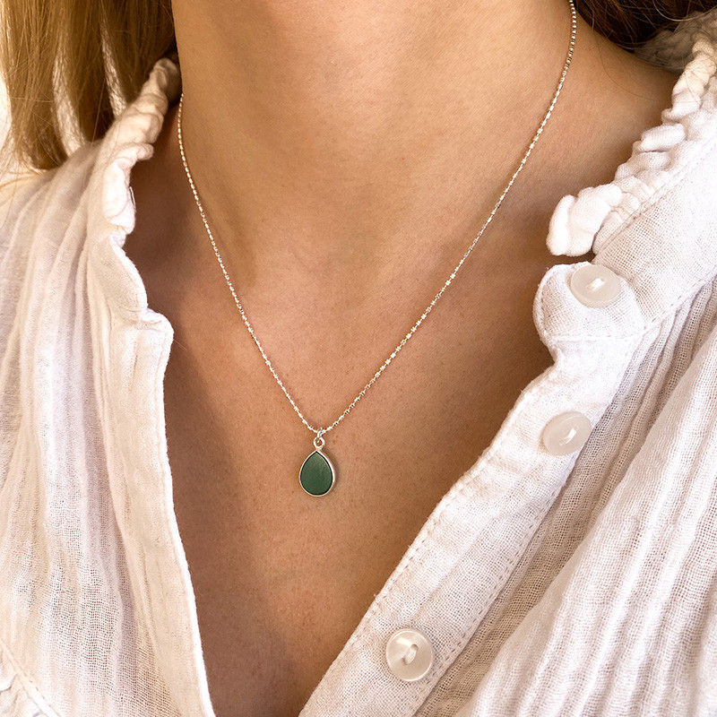 Collier Argent pendentif Onyx Vert