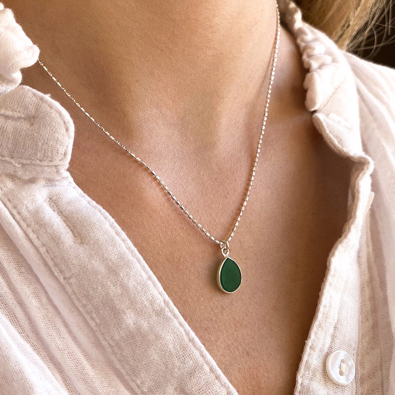 Collier Argent pendentif Onyx Vert