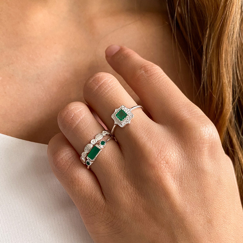 Bague Argent mandala Onyx Vert