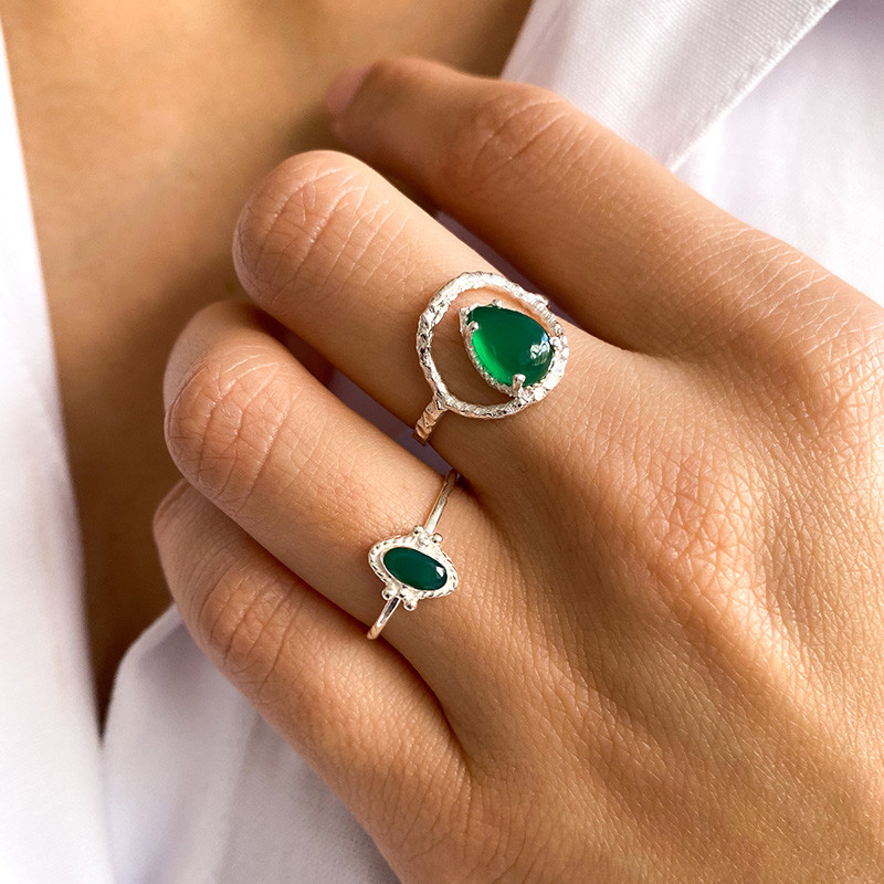 Bague Argent Baroque Onyx Vert