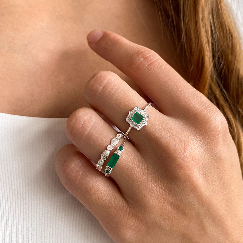 Bague Argent rectangulaire Onyx Vert