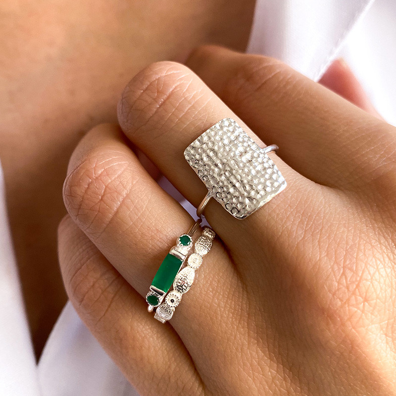Bague Argent rectangulaire Onyx Vert