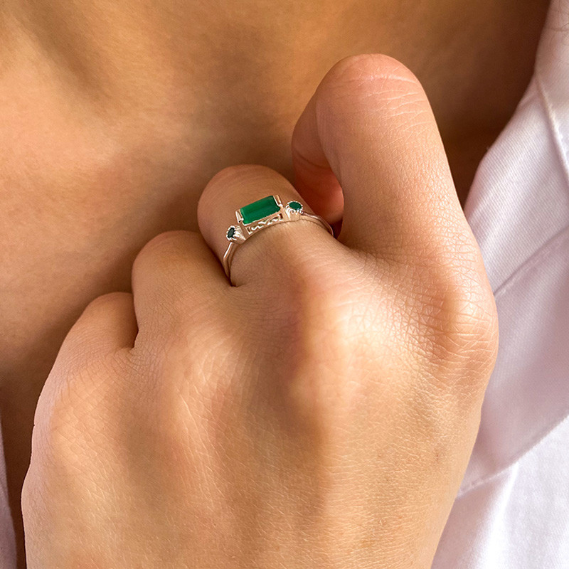Bague Argent rectangulaire Onyx Vert