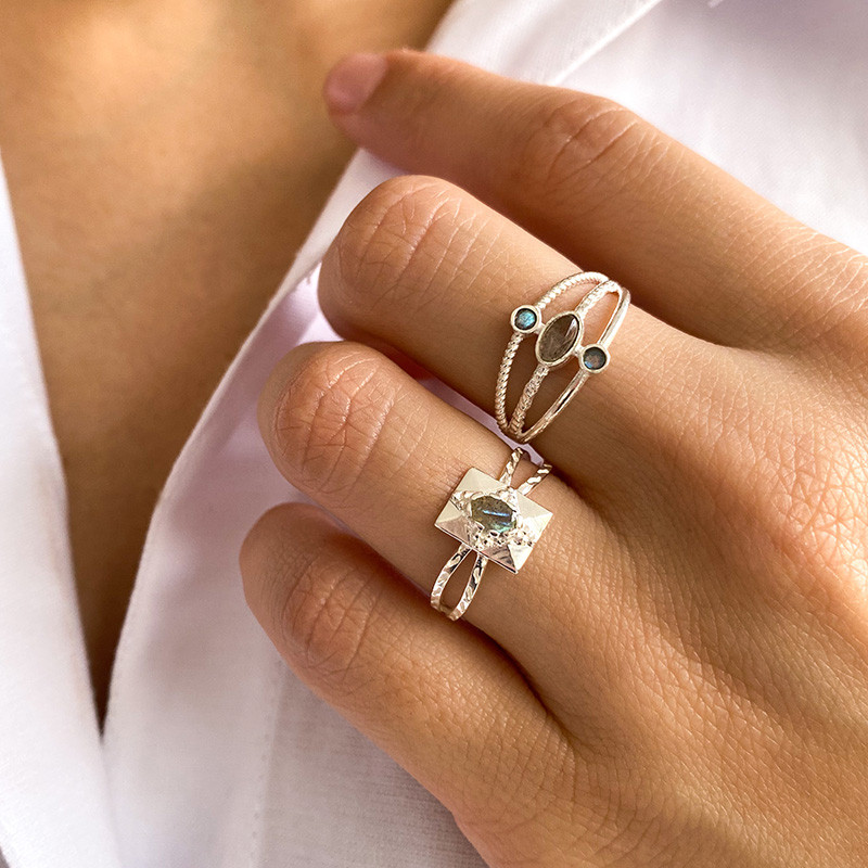 Bague Argent rectangle Labradorite