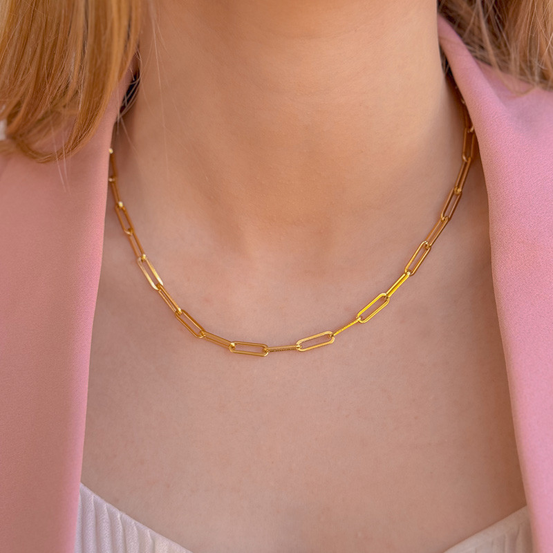 Collier acier doré maille rectangle allongée