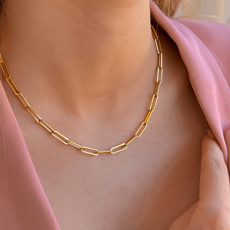 Collier acier doré maille rectangle allongée