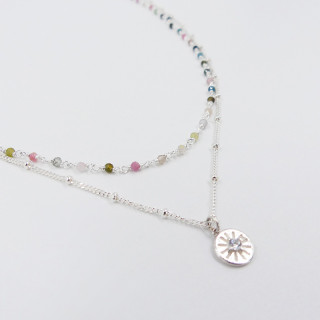 Collier Argent double Tourmaline et Chaine Boule