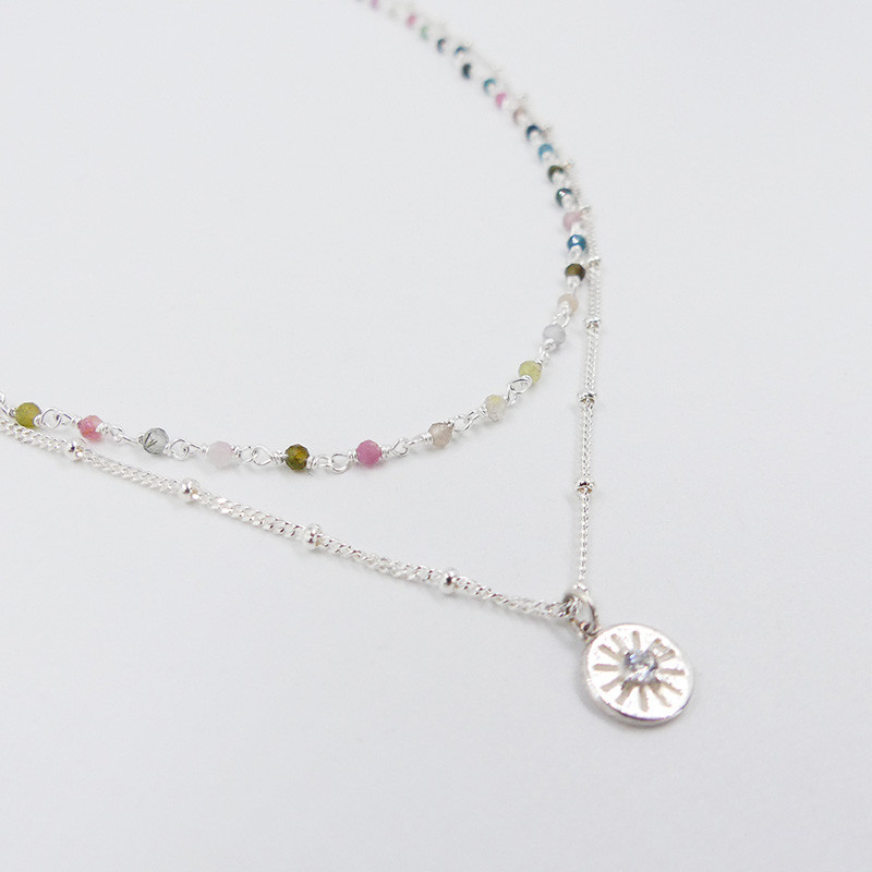 Collier Argent double Tourmaline et Chaine Boule