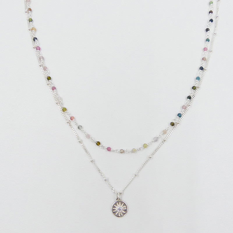 Collier Argent double Tourmaline et Chaine Boule