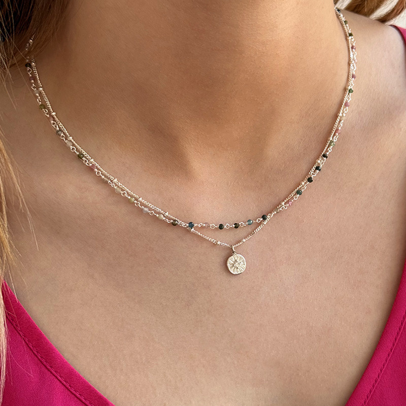 Collier Argent double Tourmaline et Chaine Boule