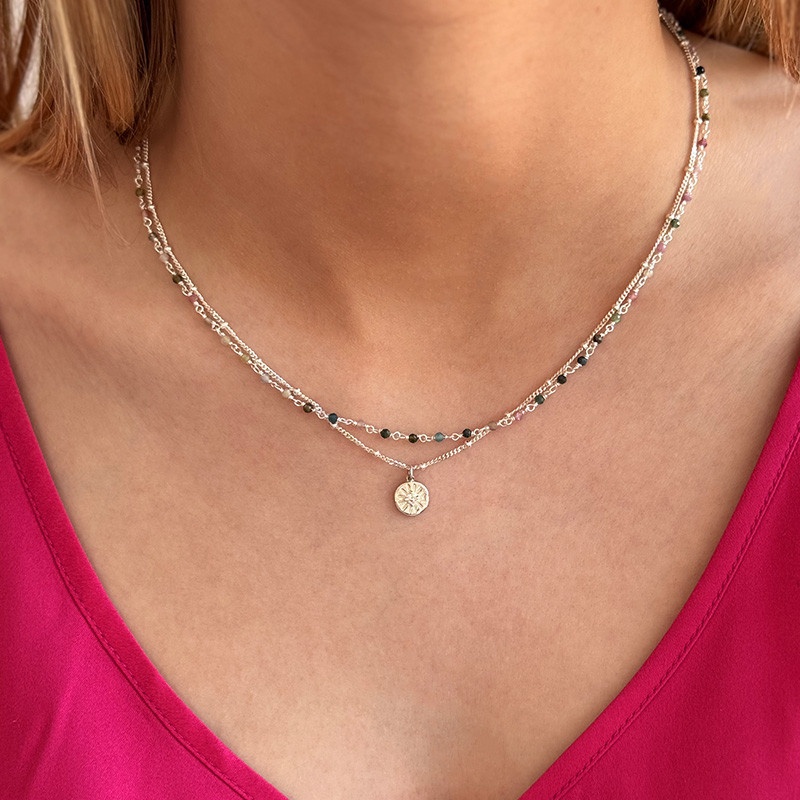 Collier Argent double Tourmaline et Chaine Boule