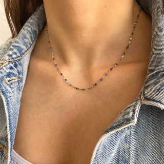 Collier acier doré perles vertes ou bleues