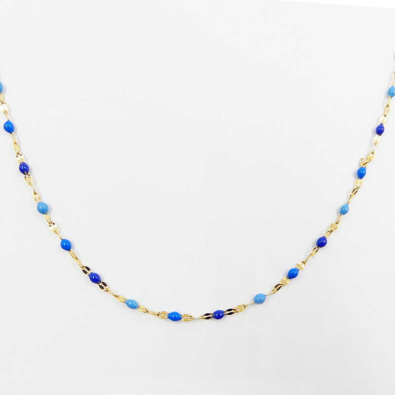 Collier acier doré perles vertes ou bleues