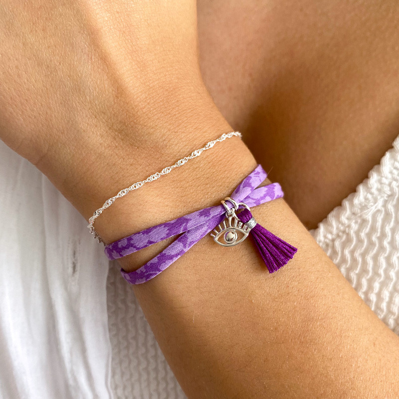 Bracelet Cordon Liberty Argent oeil et pompon