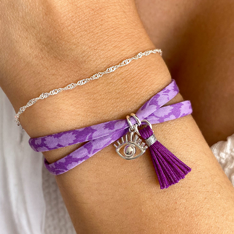 Bracelet Cordon Liberty Argent oeil et pompon