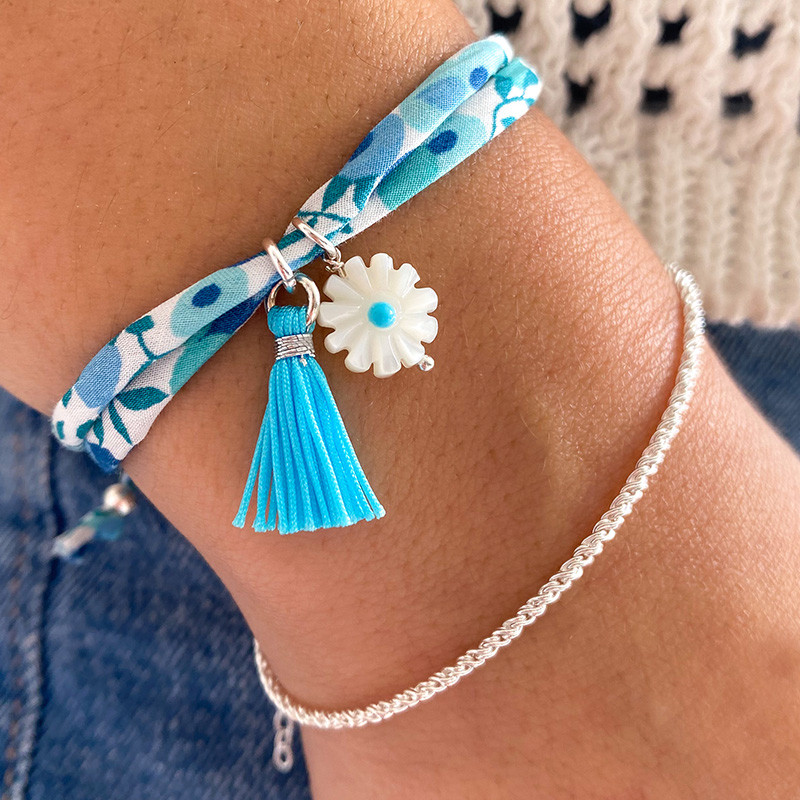 Bracelet Cordon Liberty Argent fleur et pompon