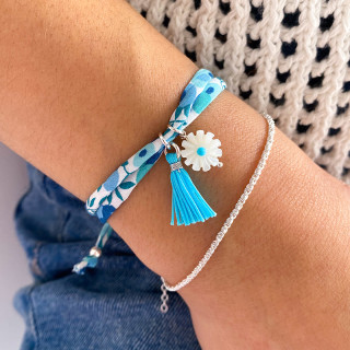 Bracelet Cordon Liberty Argent fleur et pompon