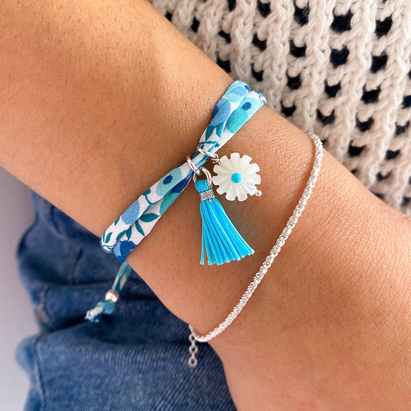 Bracelet Cordon Liberty Argent fleur et pompon