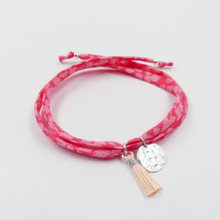Bracelet Cordon Liberty Argent médaille et pompon rose