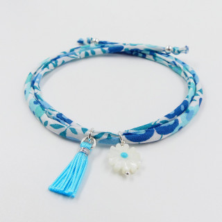 Bracelet Cordon Liberty Argent fleur et pompon