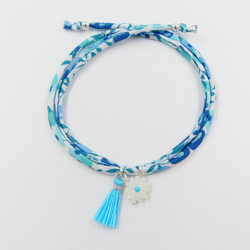 Bracelet Cordon Liberty Argent fleur et pompon