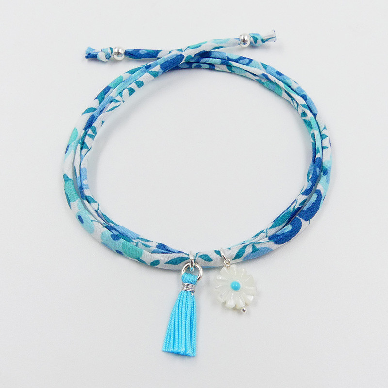 Bracelet Cordon Liberty Argent fleur et pompon