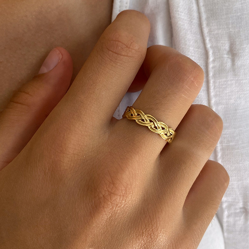 Bague ajustable acier doré anneau tressé