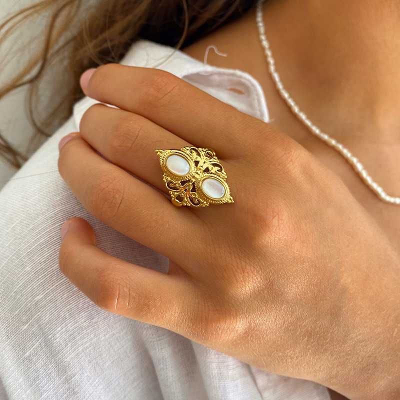 Bague ajustable acier doré baroque nacre
