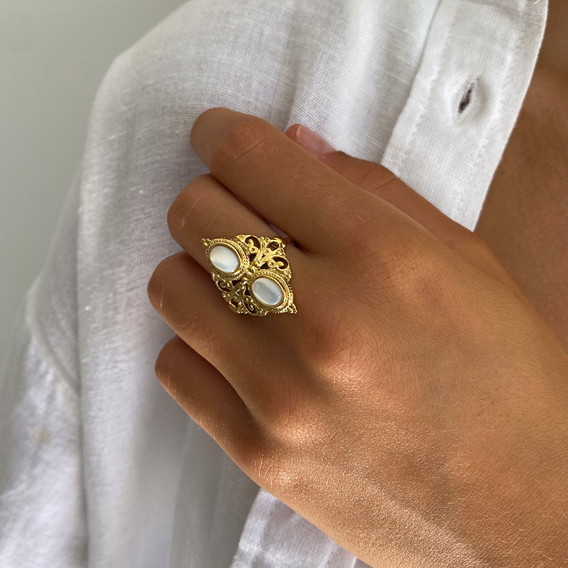 Bague ajustable acier doré baroque nacre