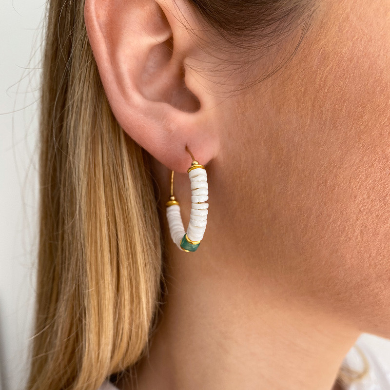 Boucles D'oreilles Dorées Coquillage et Onyx Vert