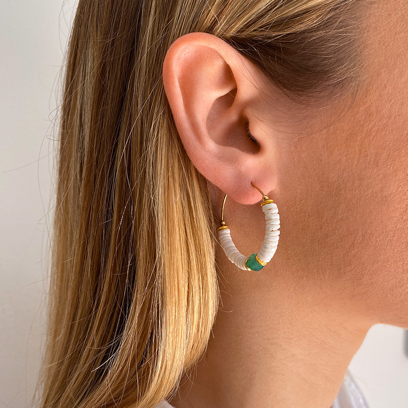 Boucles D'oreilles Dorées Coquillage et Onyx Vert